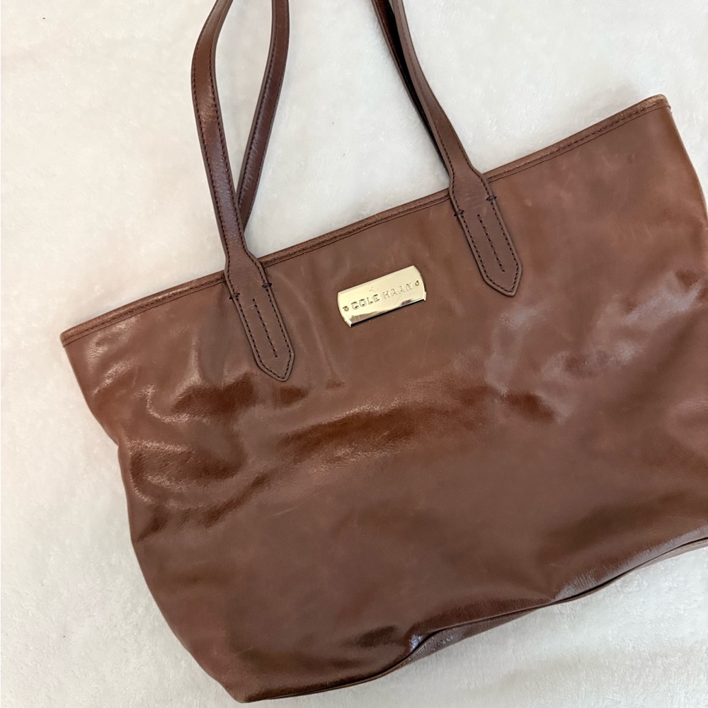 Cole Haan Chestnut Brown Leather Tote with Gold Plaque